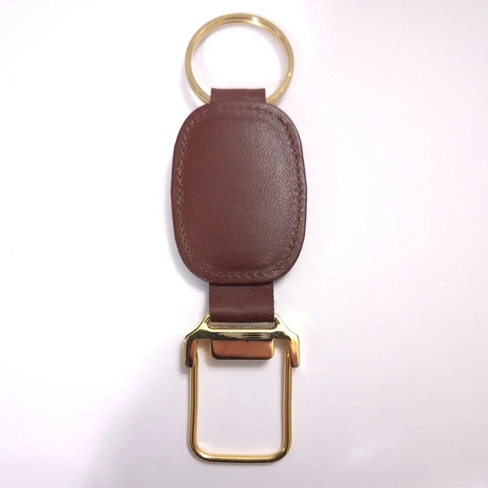 NICE Vintage Brown Leather‎ Gold Keychain Key Chain Ring Loop Holder Logo Tether